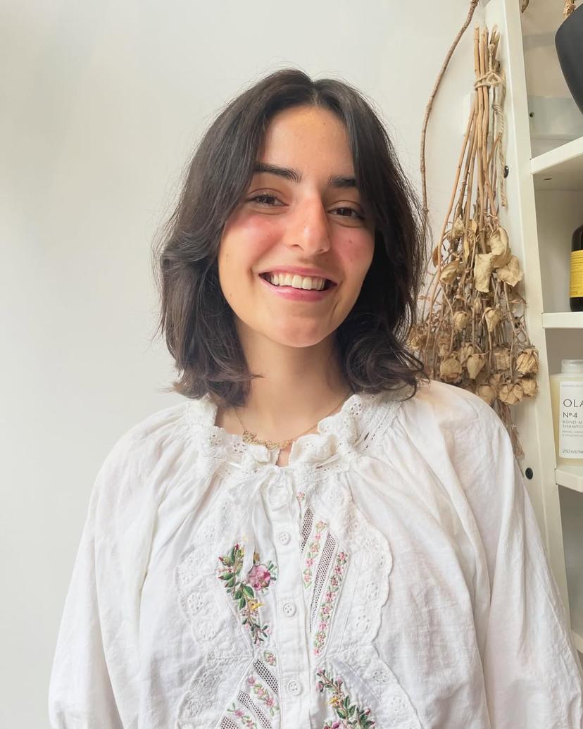 A modern shag haircut featuring curtain bangs and textured layers.