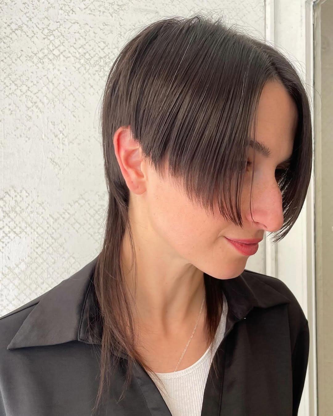 A sleek, asymmetrical layered bob with a deep side fringe, featuring neck-length dark brown straight hair. 3