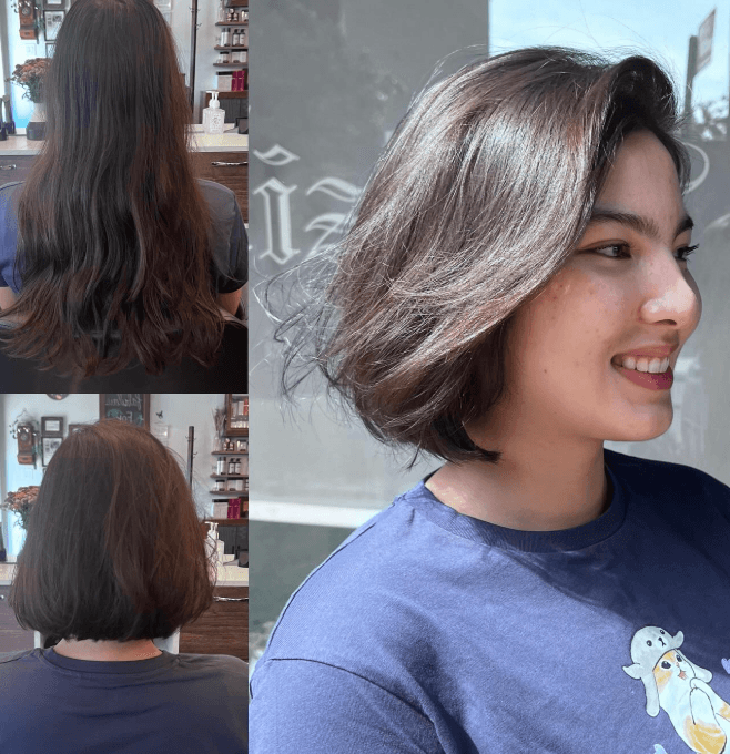 Modern layered bob haircut with soft layers adding volume and movement, perfect for fine hair.