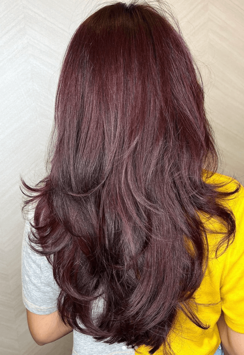Long, wavy, layered hairstyle in rich burgundy color, with a side part and face-framing layers.

Cut and style by @juliamannino_hair
 2