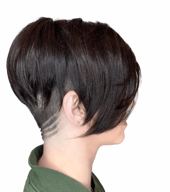 A modern short pixie bob with an undercut and geometric design.