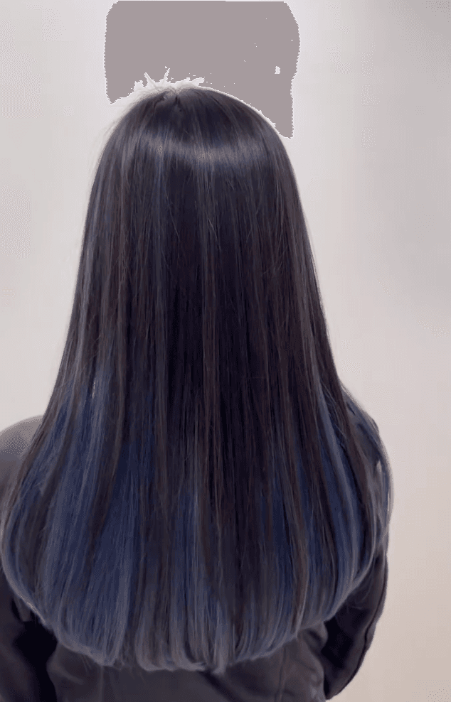 Long, straight hairstyle with an ombre transition from black to blue, featuring sleek and shiny layers. 3