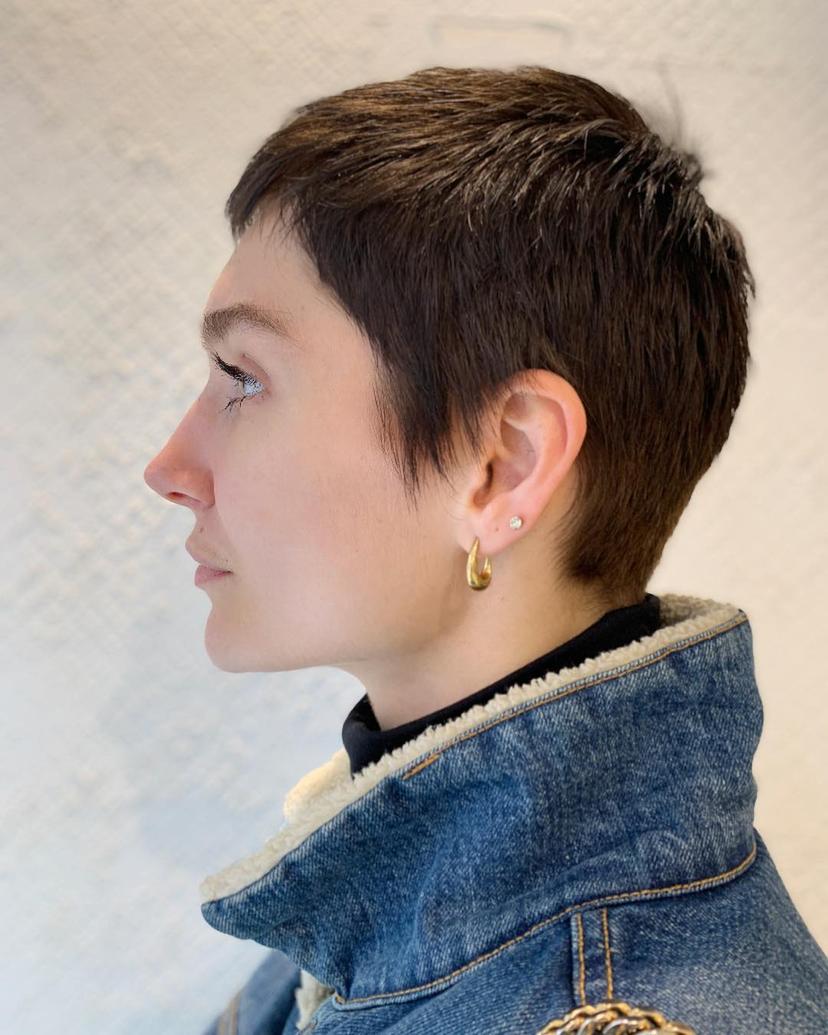A chic, modern pixie cut with a textured top, tapered nape, and an ear-length fringe.