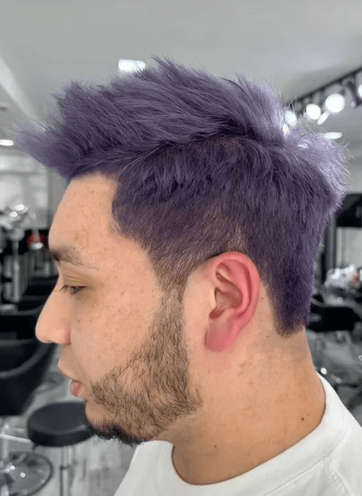 A vibrant short hairstyle with a purple color. The hair is straight and has a textured top, styled upward with a spiky effect, combined with neat side fades. 1