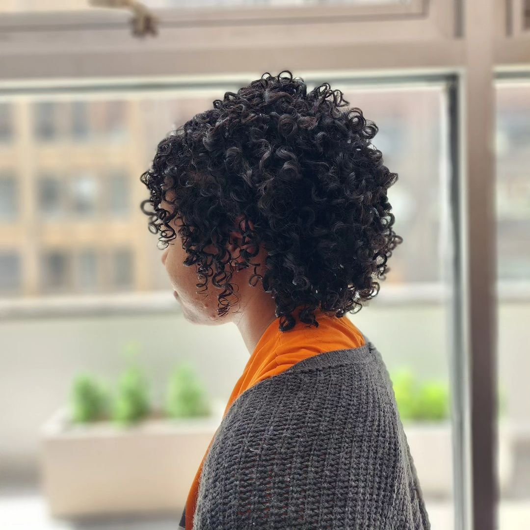 Medium-length, black, curly hair with defined, voluminous curls in a rounded shape, layered for added depth and bounce. 2