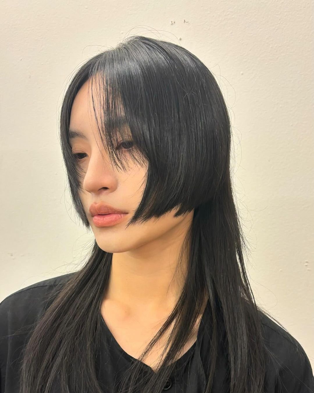 Sleek, straight black hair with medium-length, eye-grazing bangs and face-framing layers, creating a polished and modern look. Haircut by @takeohair 2