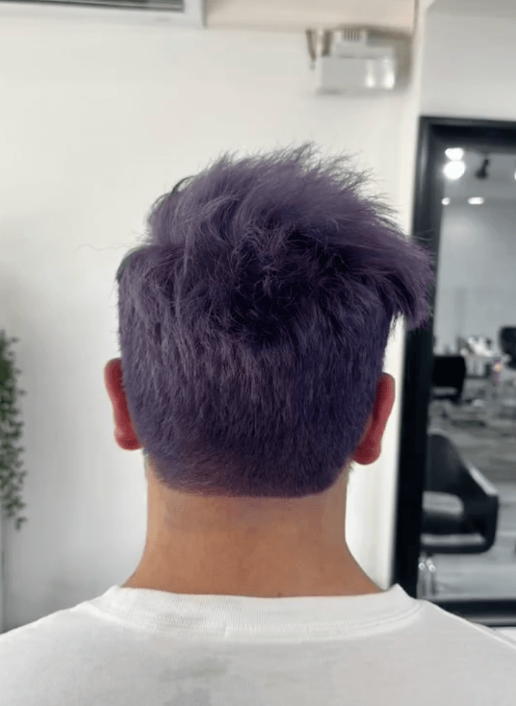 A vibrant short hairstyle with a purple color. The hair is straight and has a textured top, styled upward with a spiky effect, combined with neat side fades. 3